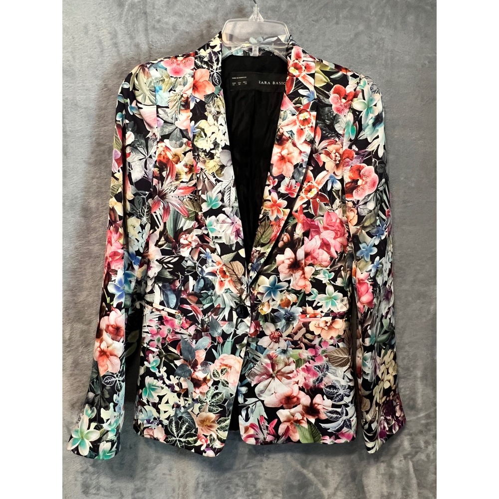 Zara Basic Floral Blazer XS Black Multicolor Jacket Women Statement Career Boho